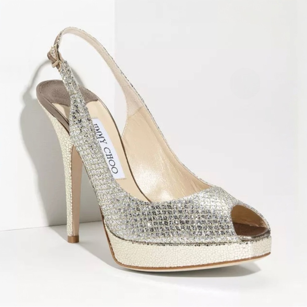 JIMMY CHOO CLUE GLITTER SLINGBACK PLATFORM PEEP TOE HIGH HEEL PUMPS SANDAL 37 - Picture 5 of 16